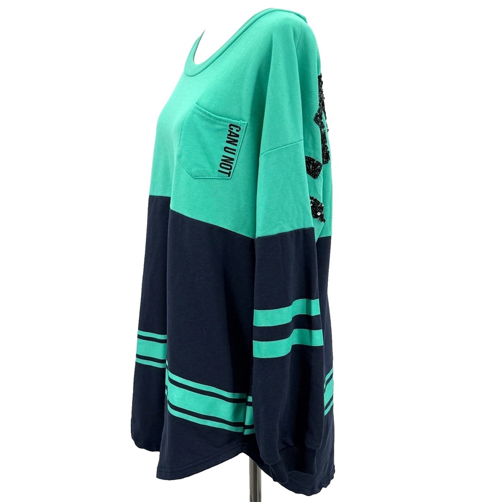 Rue 21 Womens Sweatshirt XL Green Blue Can You Not Sequins Spellout Colorblock - Picture 3 of 8